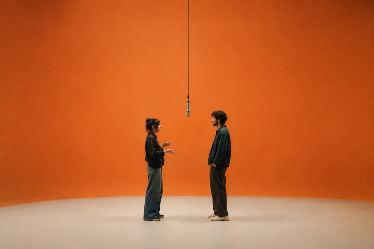 One rapper working a single hanging microphone in a saturated orange booth, vertical AI clip